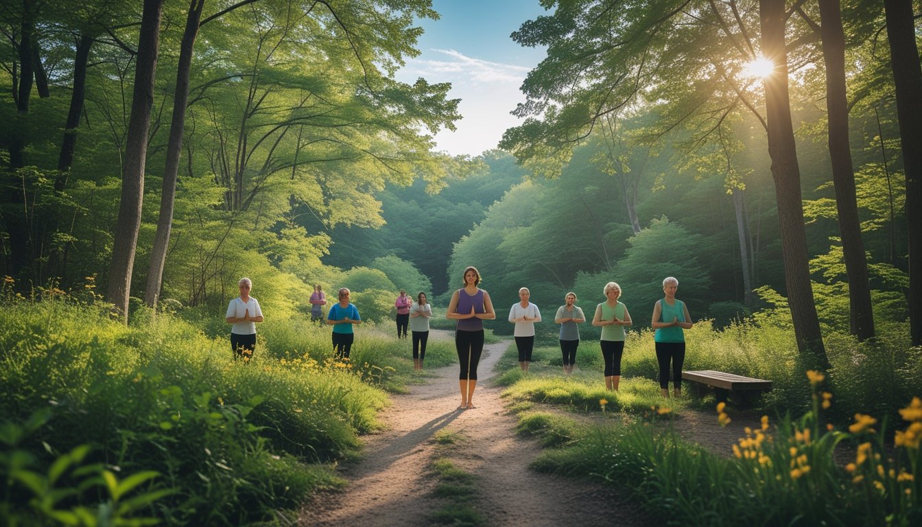A group of adults practising mindfulness and gentle yoga in a sunlit forest clearing surrounded by trees, flowers, and a small stream.