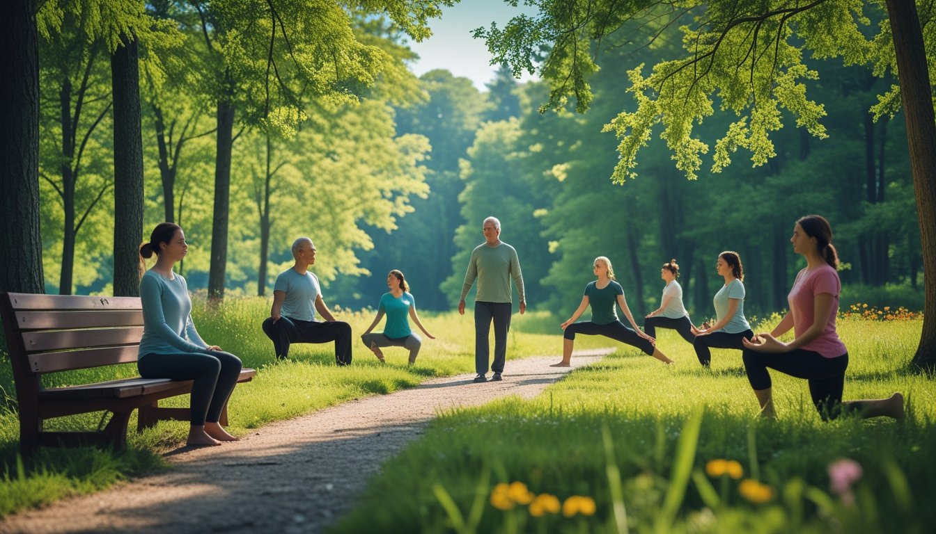 People enjoying peaceful activities like meditation, walking, and yoga in a green forest under sunlight.