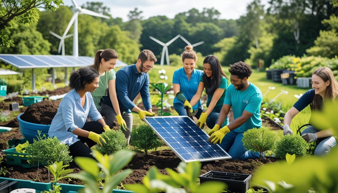 A group of people working together outdoors in a green environment with trees, solar panels, and wind turbines, planting and discussing eco-friendly solutions.