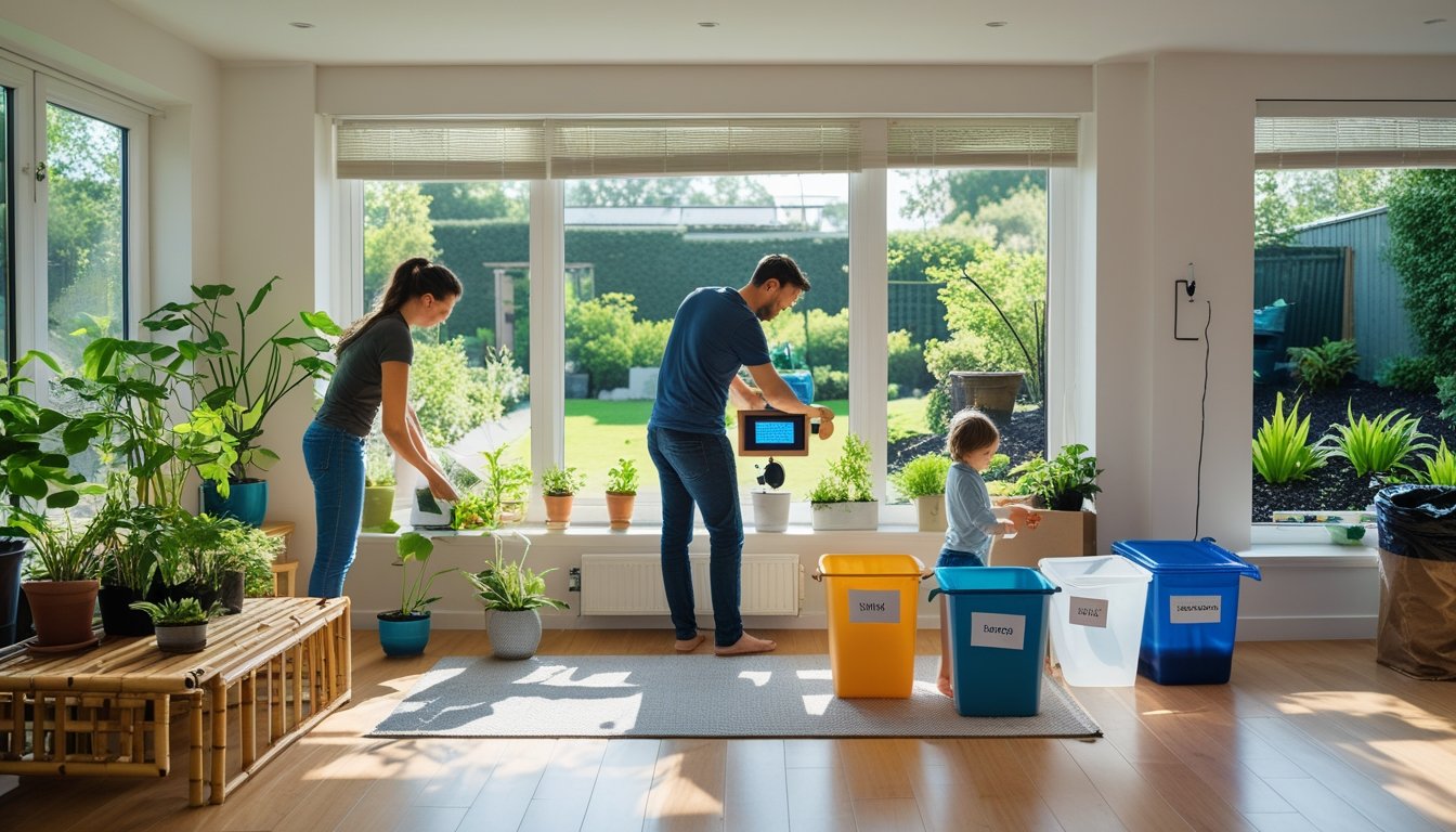 A bright living room with people caring for plants, using solar devices, and sorting recycling, surrounded by eco-friendly furniture and greenery.