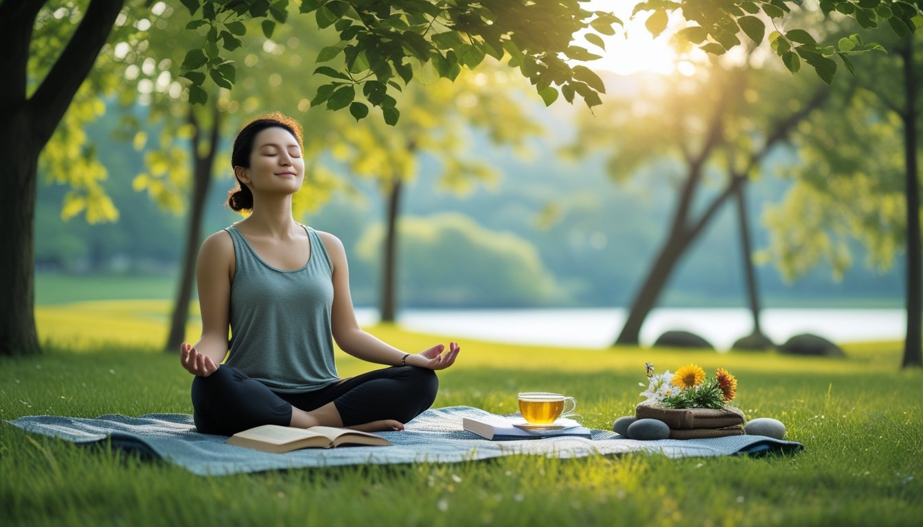 A person meditating outdoors in a green park surrounded by nature, with a book and tea nearby.