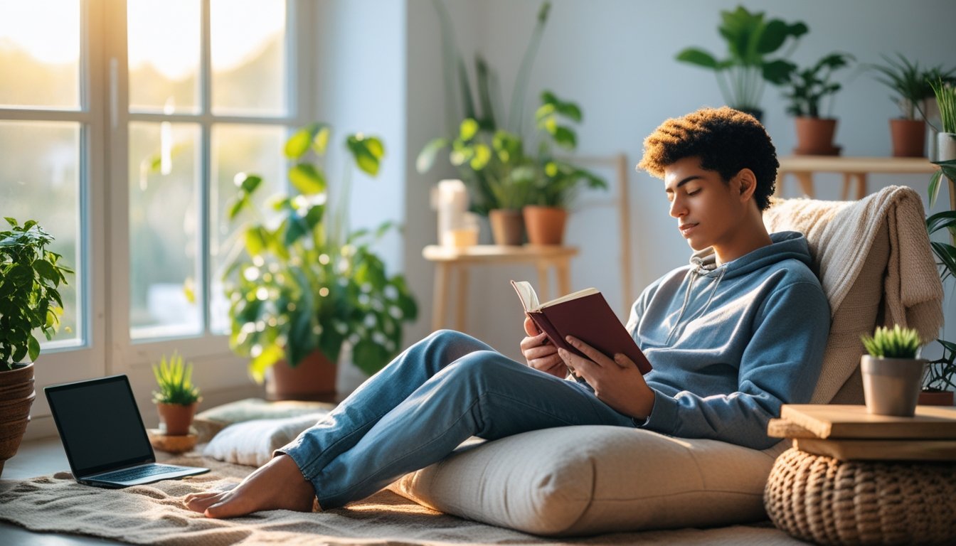 A person sitting in a bright room surrounded by plants, reading a book with digital devices set aside, creating a peaceful and relaxing atmosphere.
