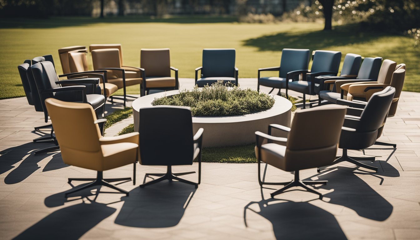 A circle of chairs with diverse individuals sharing stories and offering encouragement in a warm, welcoming environment