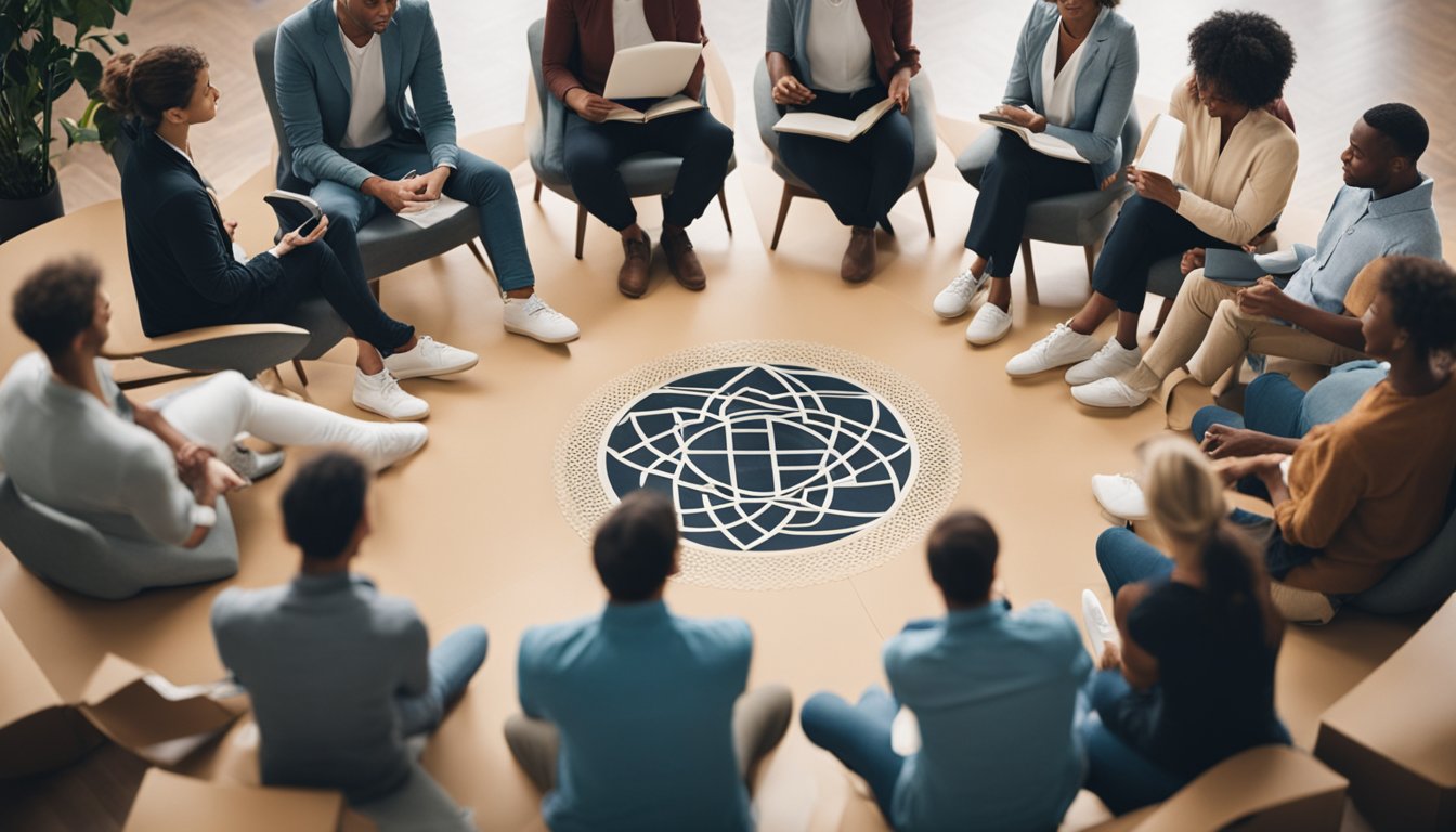 A person sitting in a circle with others, listening to a speaker discuss addiction recovery basics. Books and pamphlets on the topic are visible