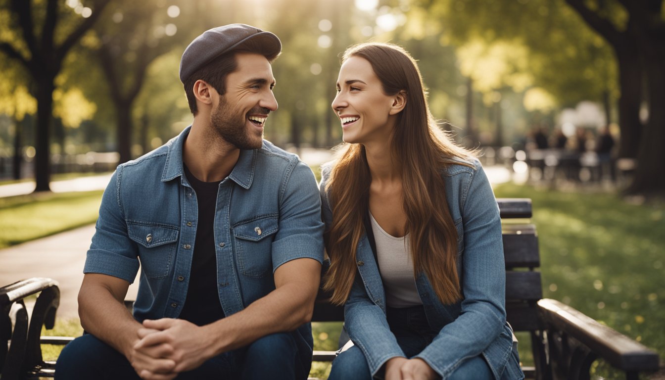 A person and a supportive friend sit on a park bench, engaging in deep conversation and sharing laughter, symbolizing the healing and rebuilding of relationships after addiction recovery