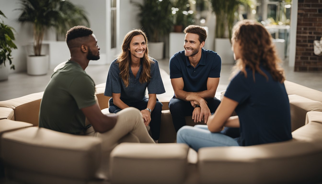 A group of individuals sit in a circle, engaged in open and honest conversation. They display open body language and maintain eye contact, demonstrating trust and effective communication in navigating relationships after addiction recovery