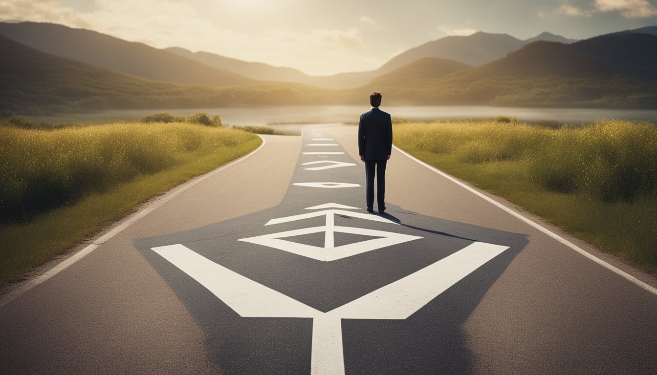 A person standing at a crossroads, with one path leading to legal rights and protections, and the other to legal issues in addiction recovery. Signs and symbols representing laws and support systems are visible along the paths