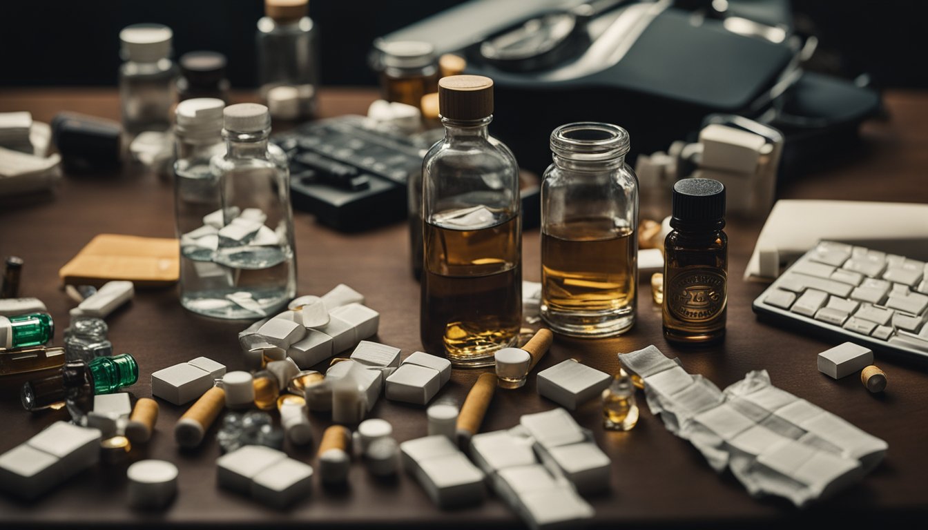 A cluttered desk with scattered pill bottles, empty alcohol bottles, and a crumpled pack of cigarettes. A dimly lit room with a sense of despair and hopelessness