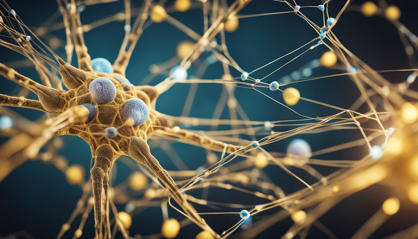 A tangled web of neurotransmitters and receptors, with dopamine pathways hijacked by addictive substances. Brain regions light up with cravings and compulsive behaviors