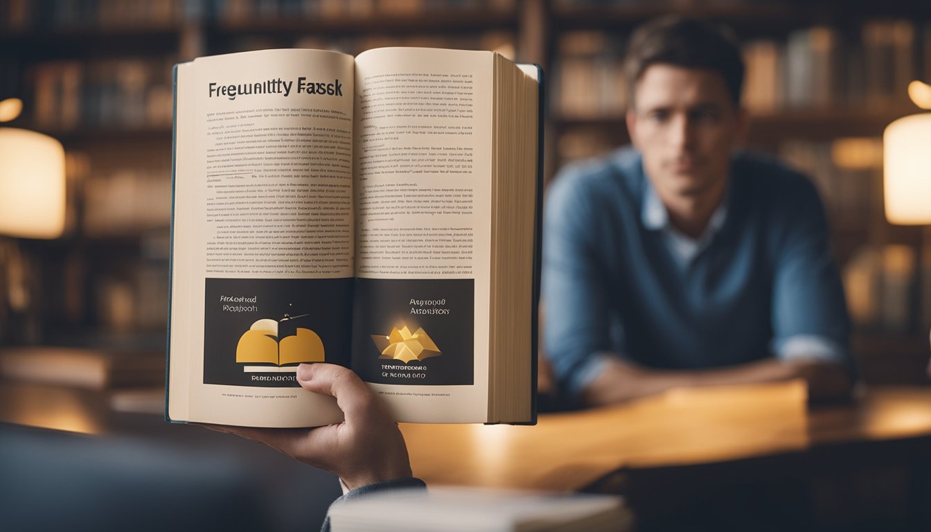 A person reading a book titled "Frequently Asked Questions Exploring The Psychology Of Addiction" with a curious expression on their face