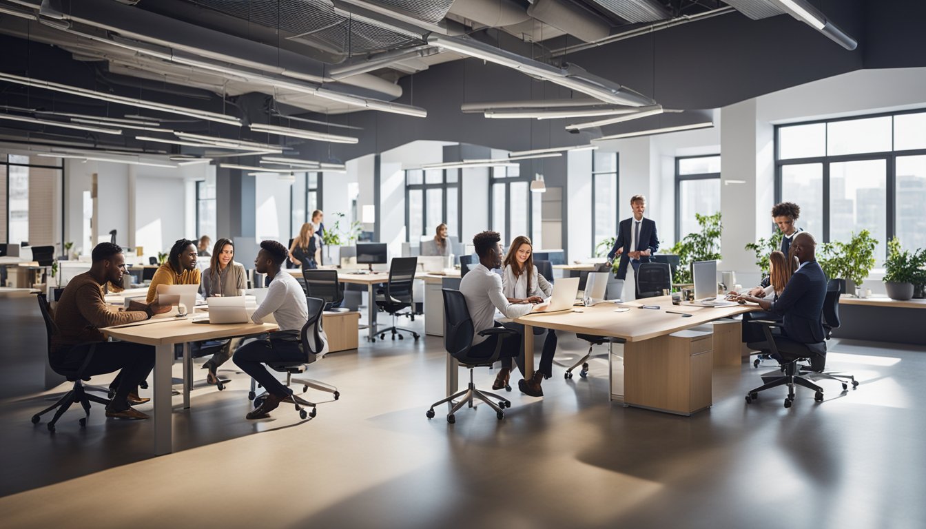 Employees collaborating in a bright, open office space. A diverse group working together at desks and in meeting areas, fostering a supportive and inclusive environment