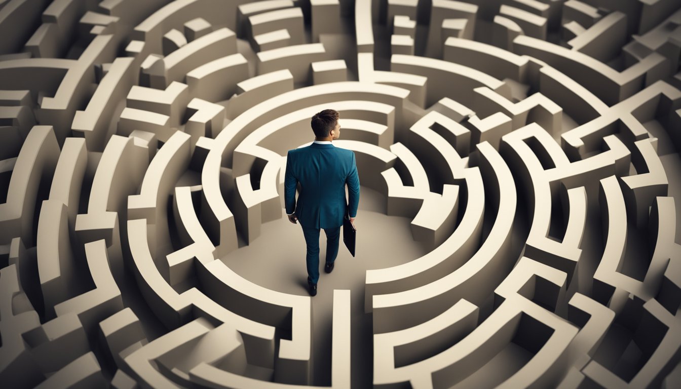 A person confidently navigating through a maze of job opportunities, with a clear path leading from addiction recovery to employment success