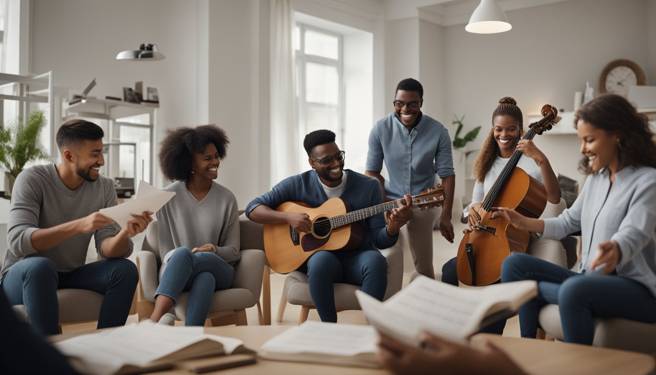 A group of diverse individuals engage in music therapy, showing improved mood and reduced stress. Instruments and music sheets are scattered around the room