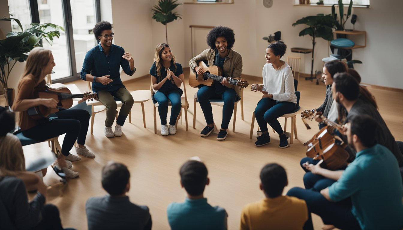 A group of people in a circle, engaged in music therapy activities, with instruments and a therapist facilitating the session