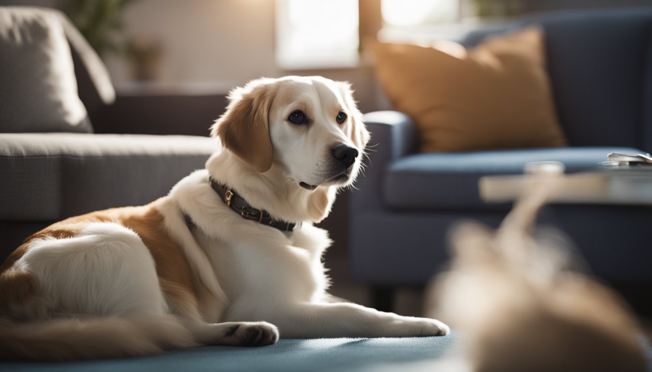 A person's pet sits calmly beside them as they engage in a therapy session, offering comfort and support. The pet's presence creates a sense of calm and security in the room