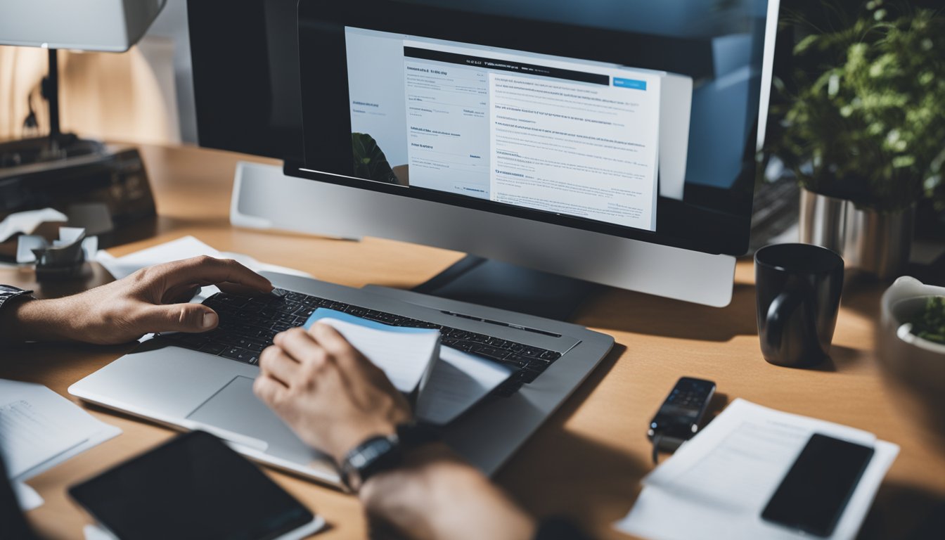 A person searching online for affordable rehab options, surrounded by a computer, phone, and paperwork