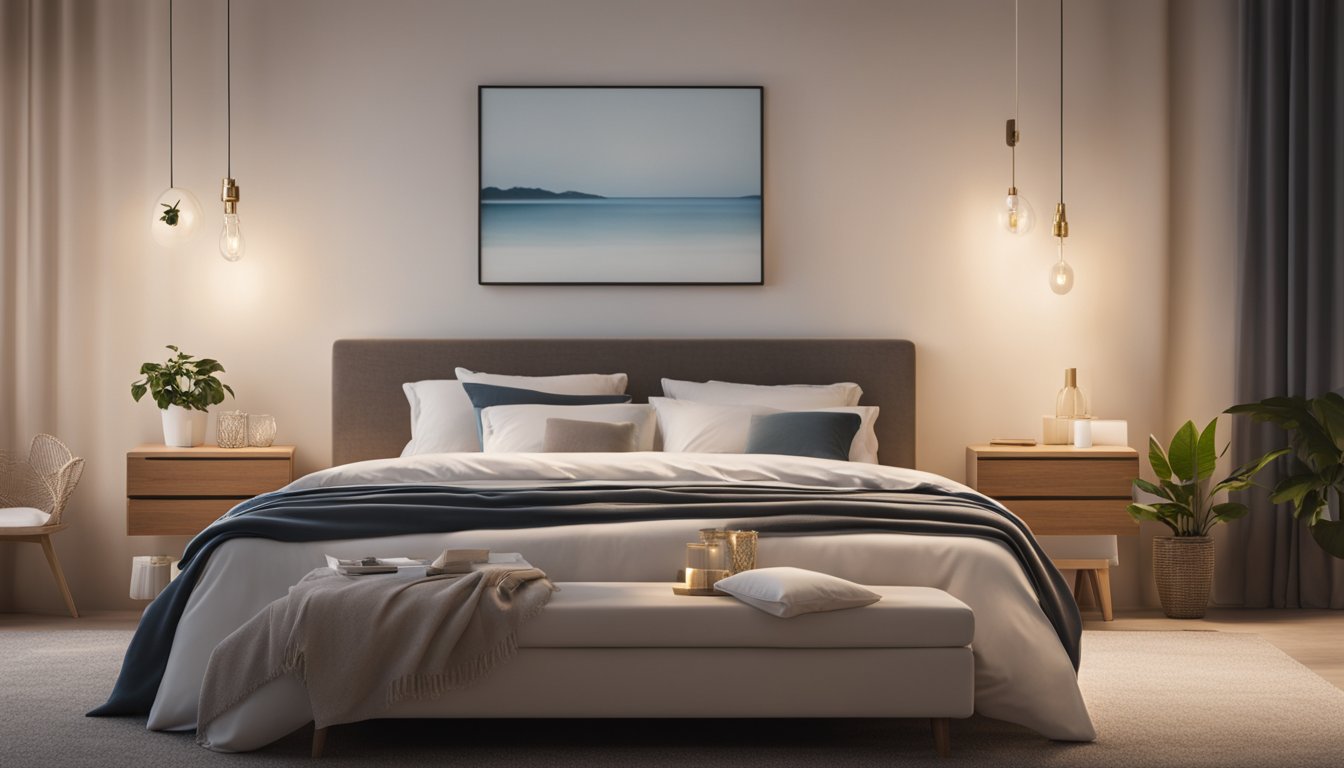 A peaceful bedroom with soft lighting, a comfortable bed, and soothing decor. A clock on the nightstand shows a late hour, indicating a focus on improving sleep for enhanced recovery outcomes