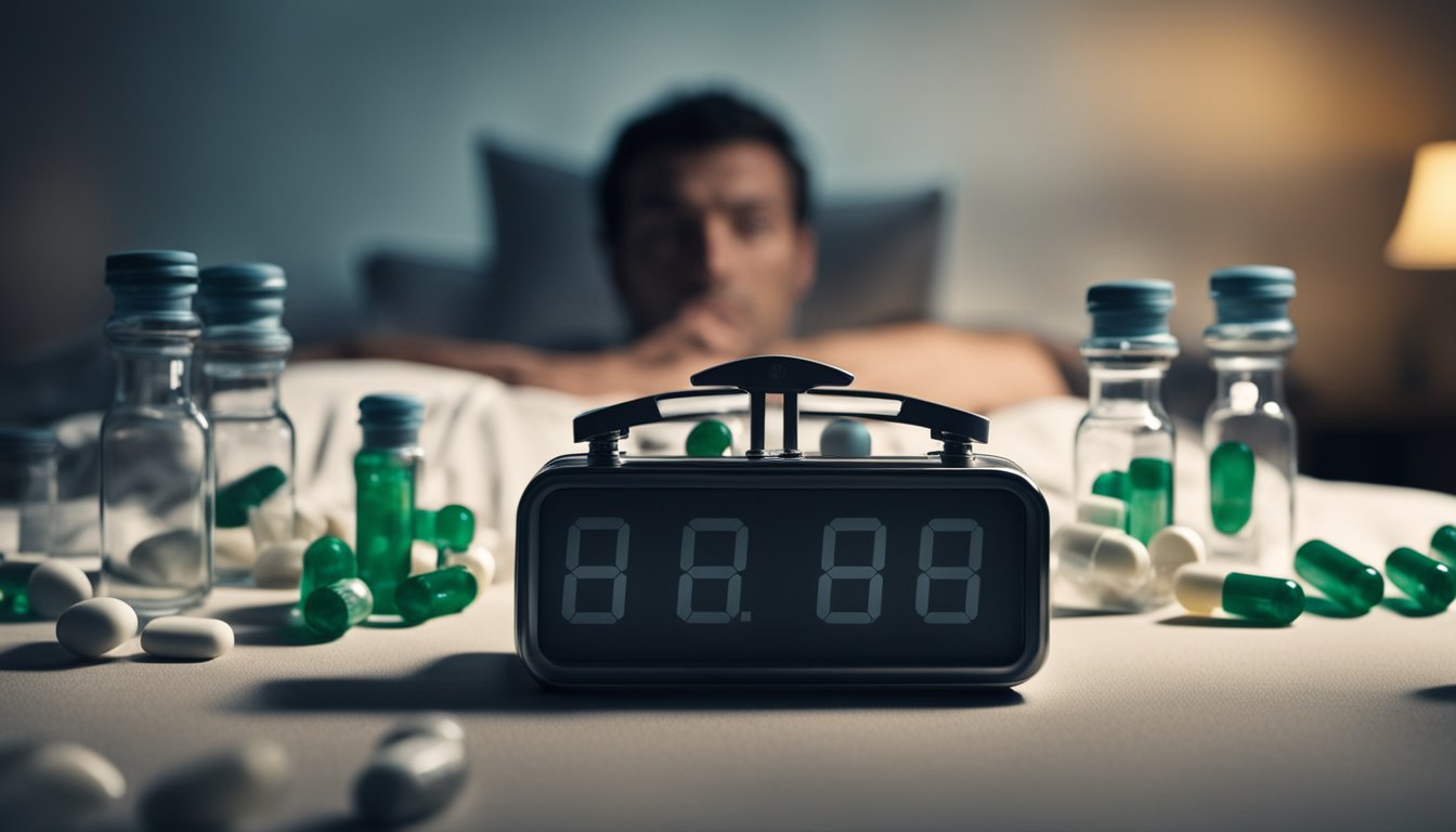 A person lying in bed, tossing and turning with a troubled expression, surrounded by empty pill bottles and a clock showing the time as 3am