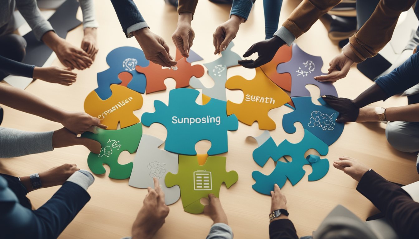 A person sitting in a circle of support, surrounded by symbols of mental health (such as a brain, puzzle pieces, and a heart), while engaging in therapy or counseling