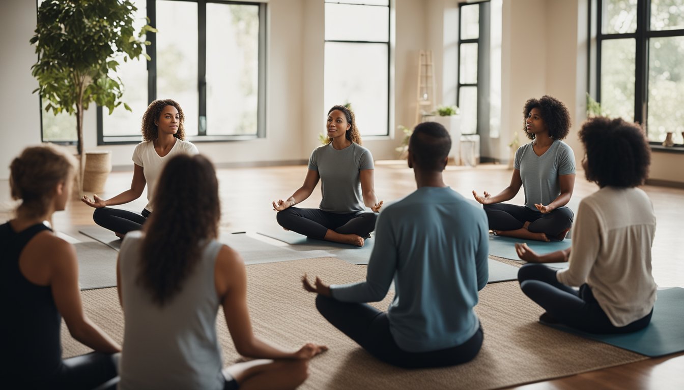 A serene setting with a group therapy circle, a counselor leading a discussion, and individuals engaging in various holistic activities such as yoga, meditation, and art therapy