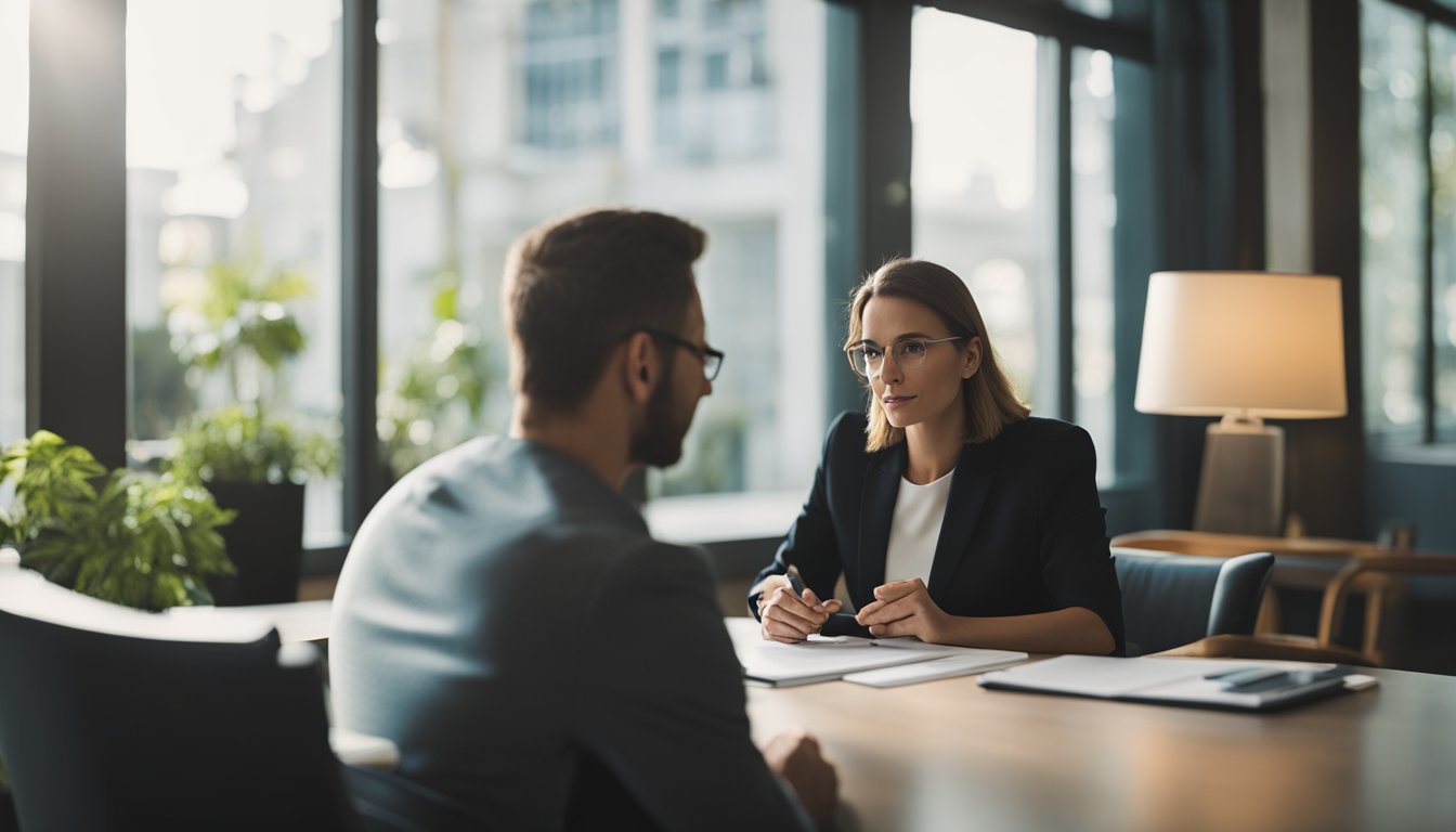 A person sitting in a therapy session, discussing thoughts and behaviors. A CBT workbook and pen are on the table. The therapist listens attentively