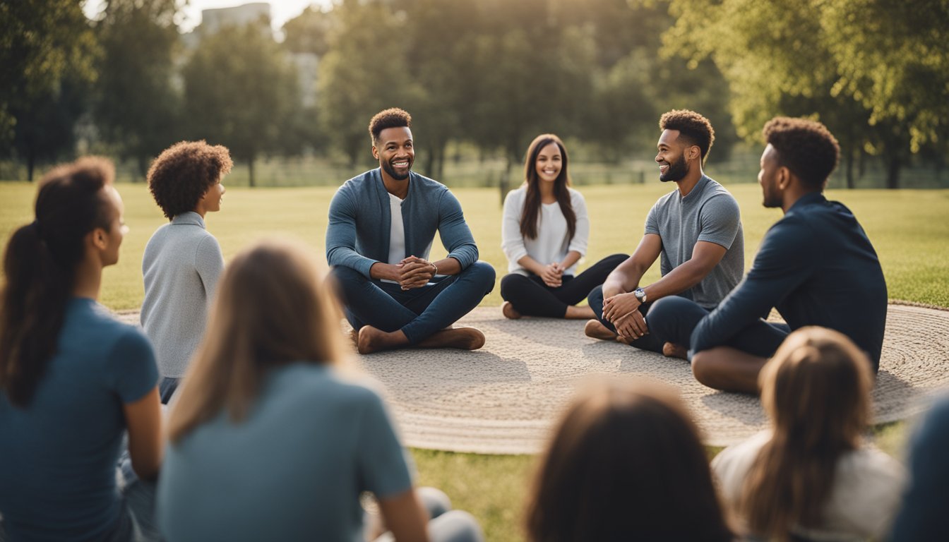 A serene setting with a person sitting in a circle, surrounded by supportive individuals. Visual cues of mindfulness and positive affirmations are present