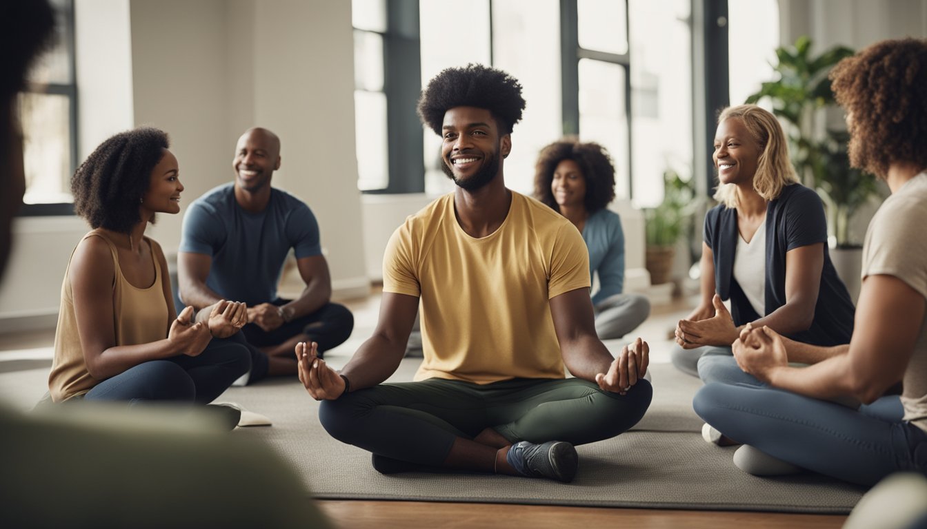 A group of diverse individuals engage in various holistic and evidence-based addiction recovery treatments, including therapy, meditation, exercise, and support groups