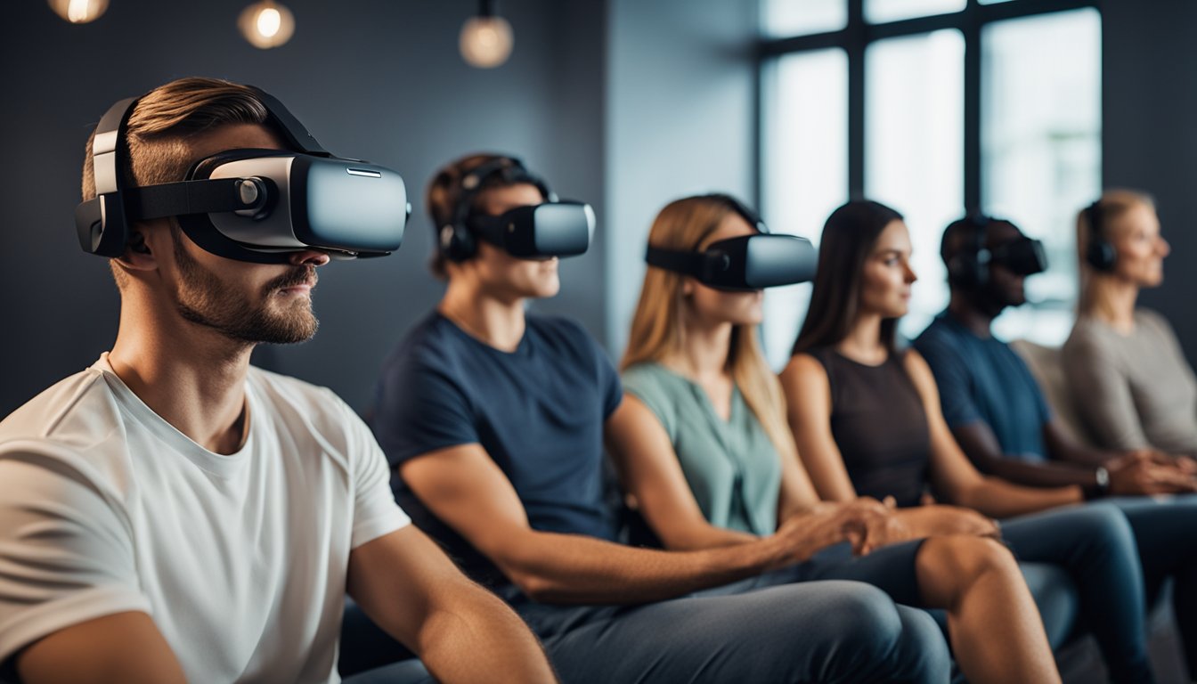 A group of individuals participating in virtual reality therapy sessions, using cutting-edge biofeedback devices to monitor their progress in addiction recovery