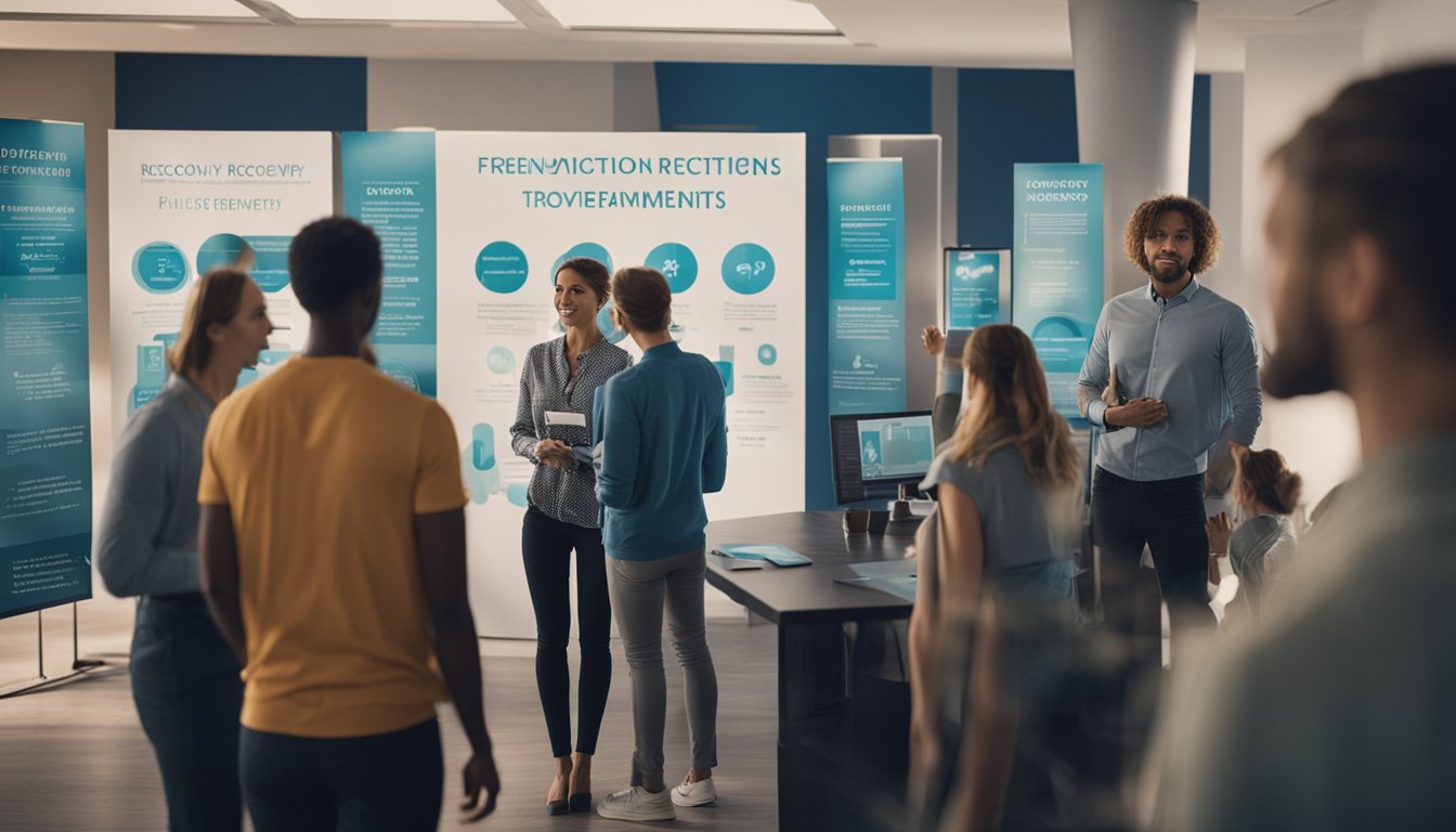 A group of people gather around a display of the latest addiction recovery treatments, with banners and signs promoting frequently asked questions about the innovations