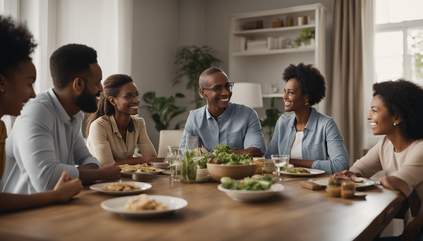 A family gathered around a table, one member struggling, while others offer support and understanding. The atmosphere is tense, yet hopeful