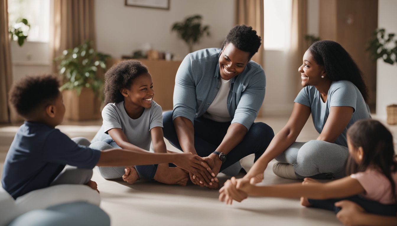 A family sitting in a circle, holding hands, with a person in the center receiving support and encouragement. The room is filled with warmth and compassion as they work together towards recovery