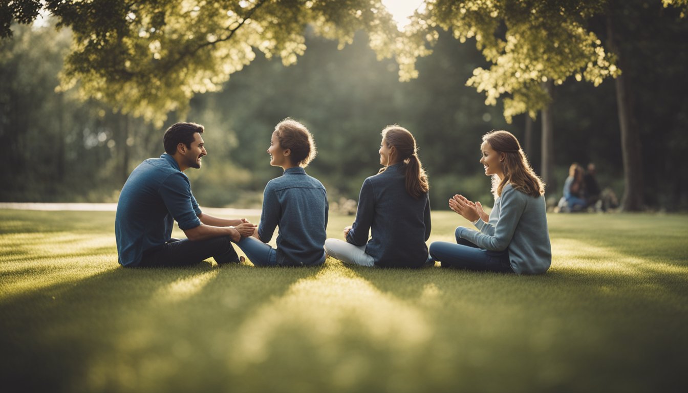 A family sitting in a circle, showing support and understanding. A person in the center receiving encouragement and love