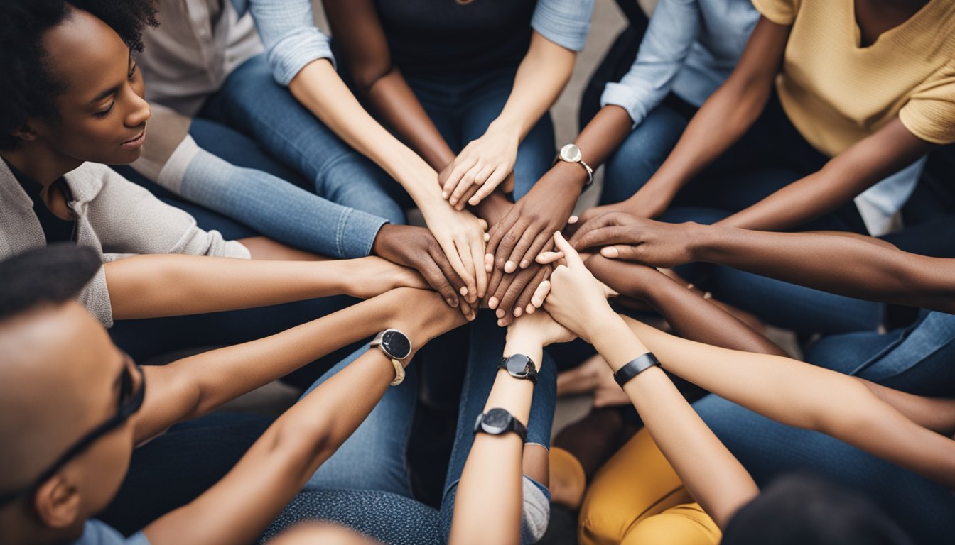 A circle of diverse individuals sit together, offering encouragement and understanding. A sense of camaraderie and support is evident as they engage in open conversation