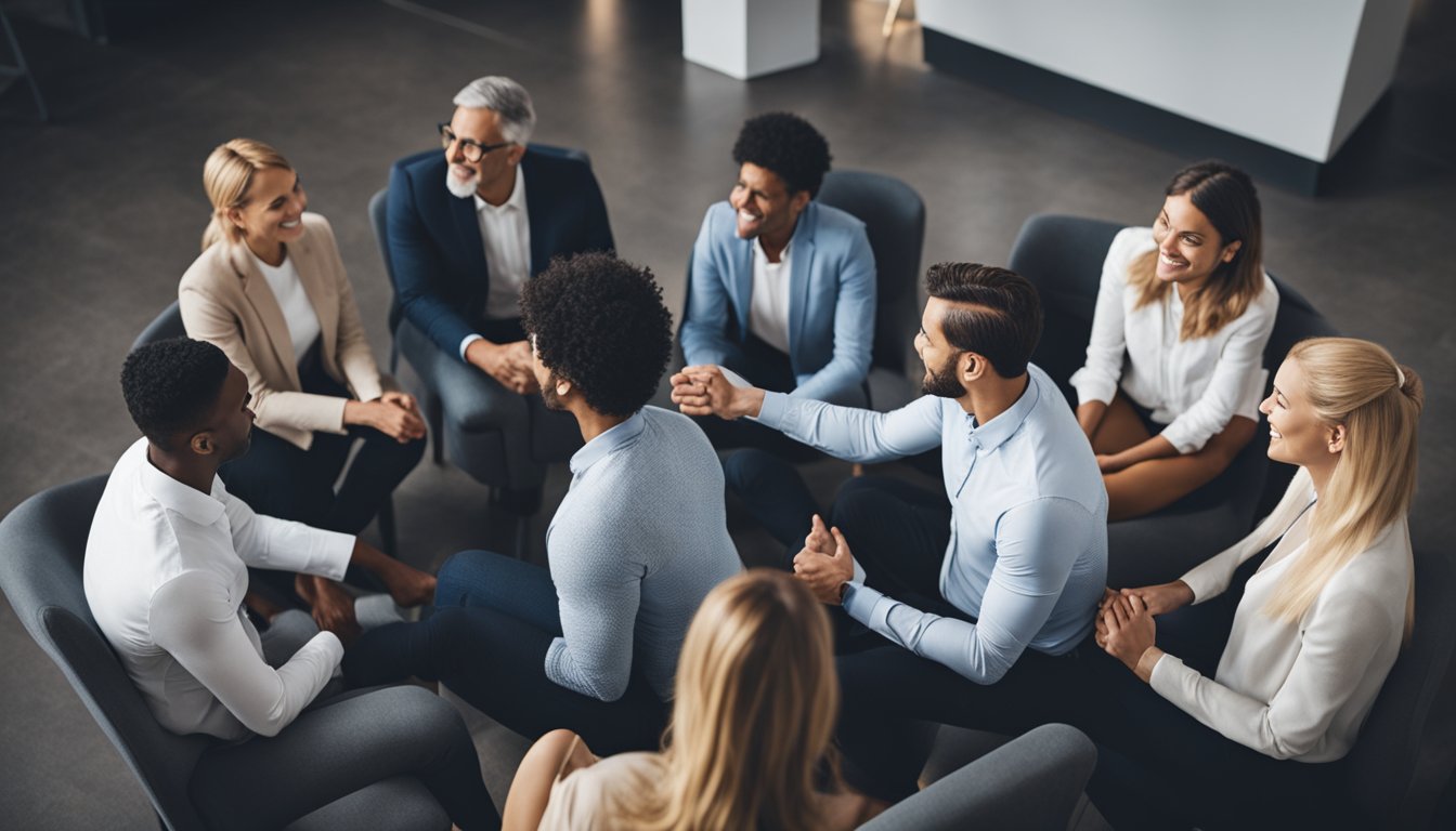 A circle of diverse individuals sitting together, engaged in conversation and offering support to one another. A sense of empathy and understanding is evident in their body language