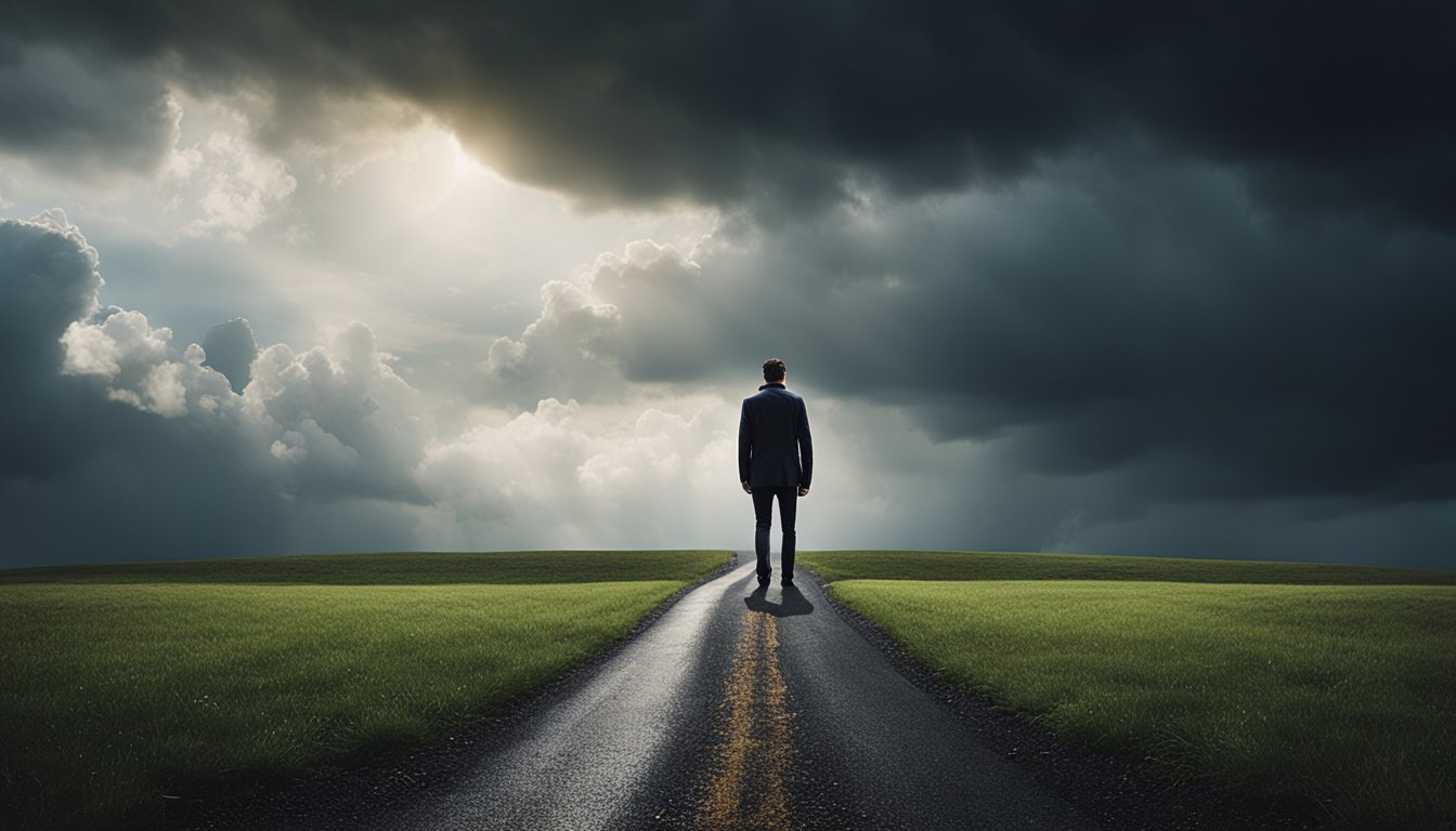 A person standing at a fork in the road, one path leading to temptation and the other to recovery. Dark clouds loom over the temptation path, while a glimmer of light shines on the recovery path