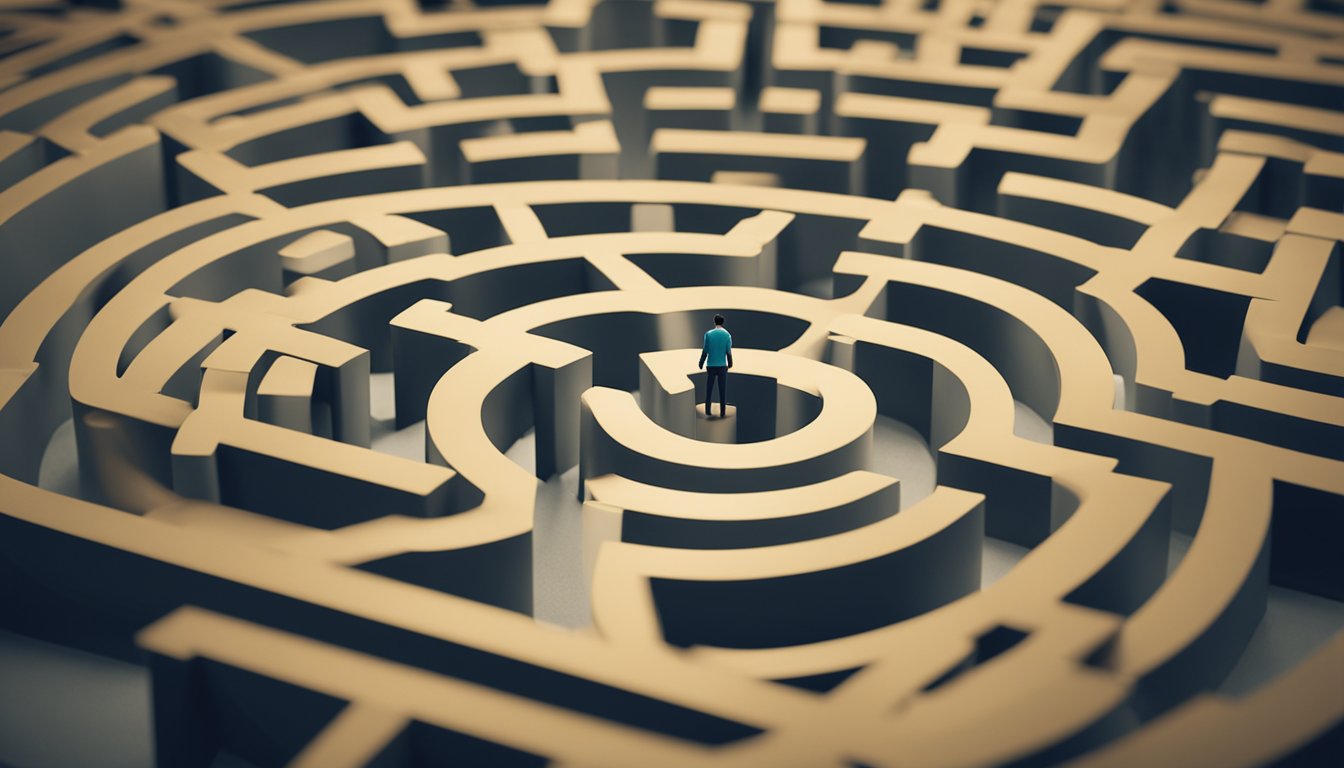 A person navigating a maze of obstacles, with a clear path leading towards a bright, hopeful future