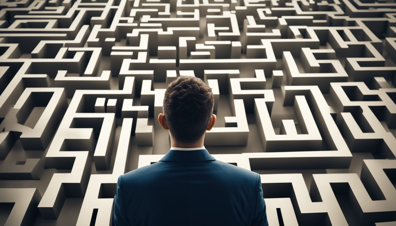 A person facing a maze with "Frequently Asked Questions" signs. They are surrounded by obstacles and distractions, symbolizing challenges in early addiction recovery