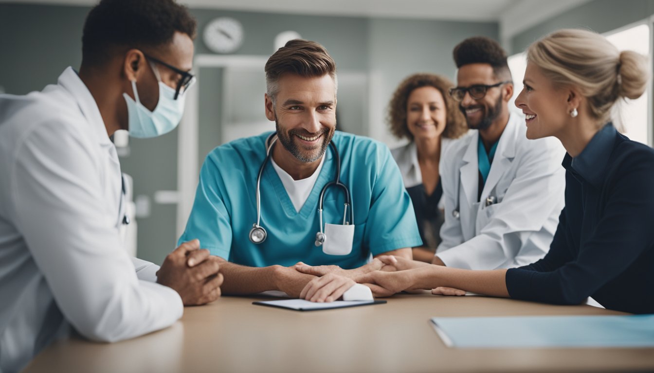 A person receiving medical treatment for addiction recovery, surrounded by caring professionals and supportive loved ones