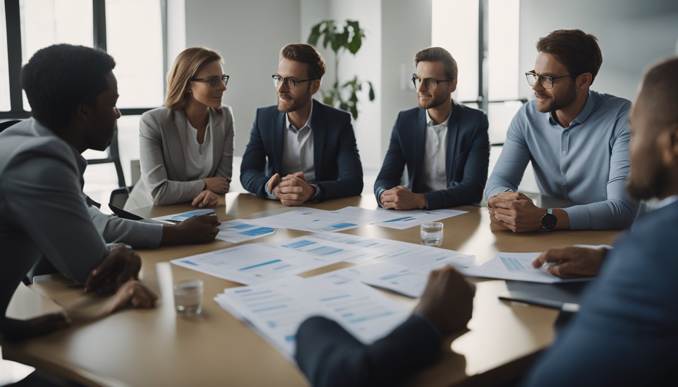 A group of people gathered around a table, discussing medical treatment options for addiction recovery. Charts and graphs are spread out, and a sense of collaboration and determination fills the room