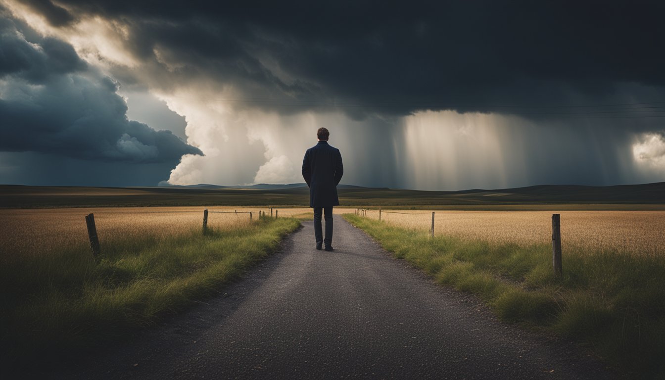 A dark storm cloud looms over a figure standing at a crossroads. One path is littered with obstacles, while the other is bathed in warm light