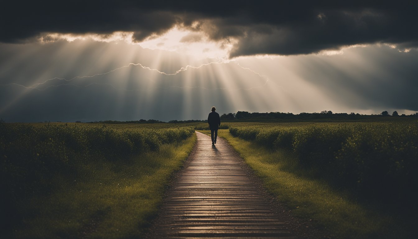 A person standing on a path, with dark storm clouds overhead and a glimmer of sunlight breaking through. The path leads to a distant, peaceful landscape, symbolizing the journey of recovery from trauma and addiction