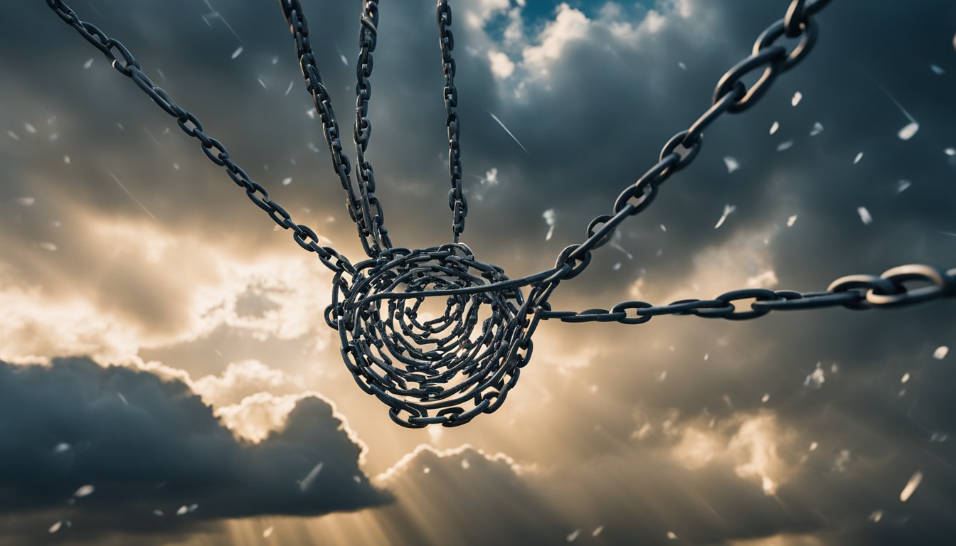 A chaotic storm cloud hovers over a tangled web of broken chains, symbolizing the impact of trauma on addiction recovery