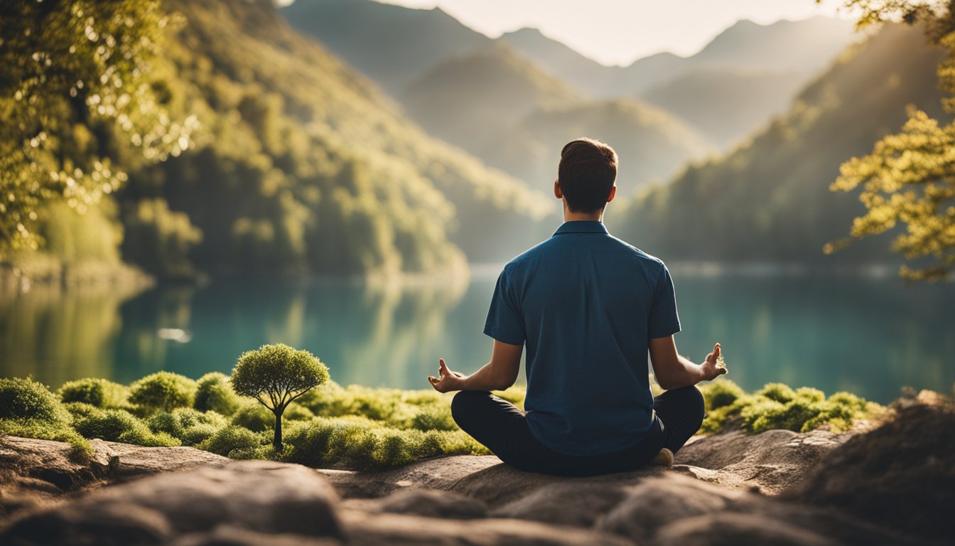 A serene setting with a person engaging in mindfulness activities, surrounded by supportive resources and tools for managing cravings