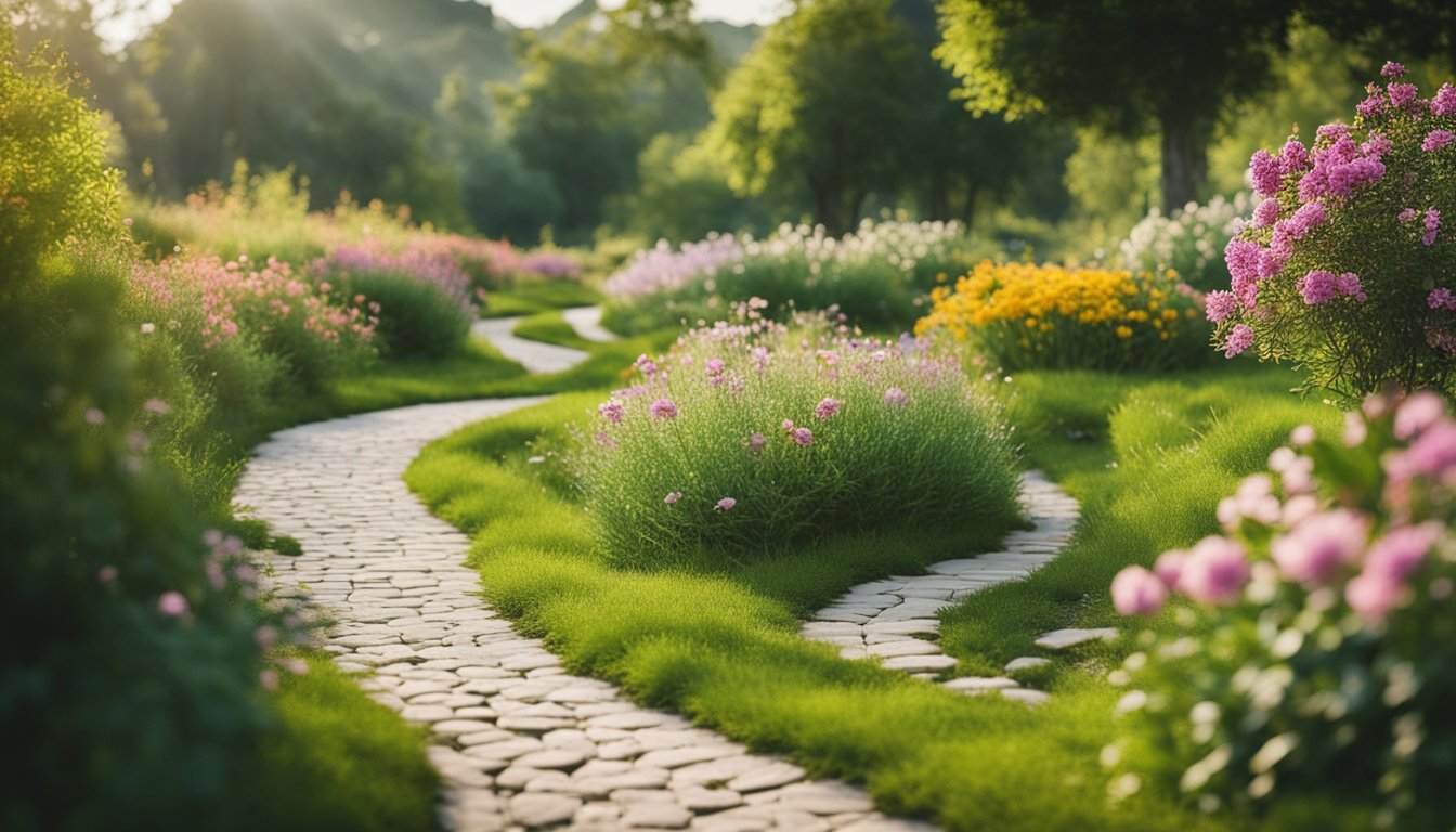 A serene landscape with a winding path leading to a peaceful oasis, surrounded by vibrant greenery and blooming flowers, representing the journey towards sustainable craving management