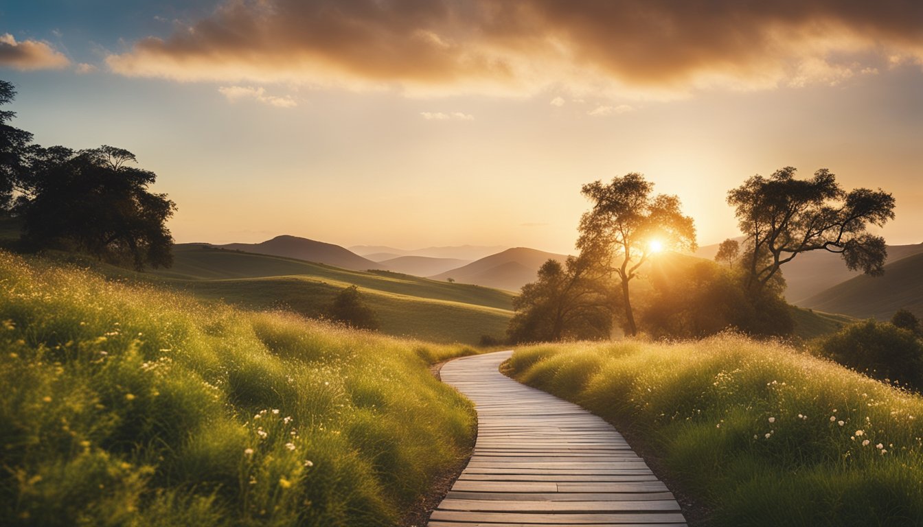 A serene landscape with a winding path leading toward a bright sunrise, symbolizing hope and progress in addiction recovery