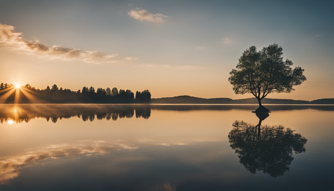 A serene sunrise over a tranquil lake, with a lone tree standing tall amidst the calm waters, symbolizing resilience and transformation in addiction recovery