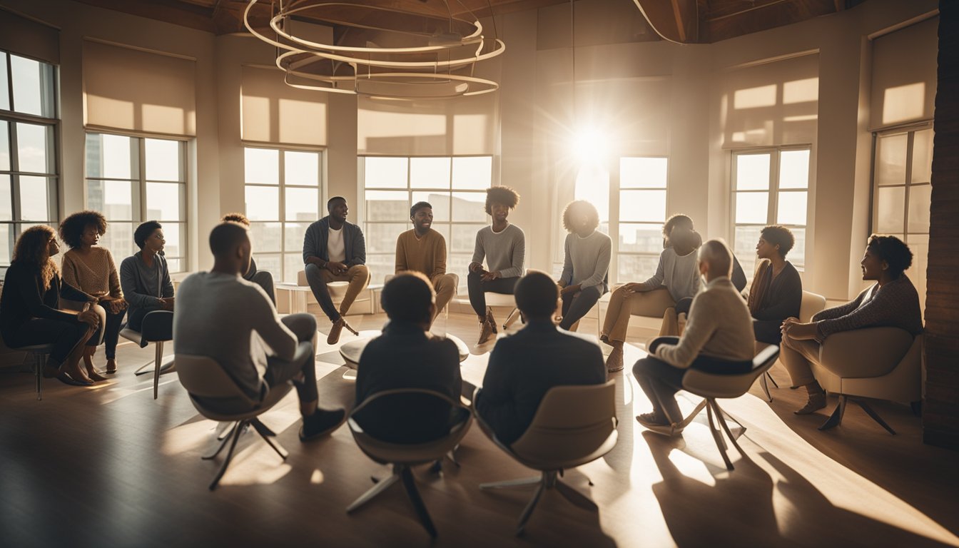 A group of diverse individuals sharing their stories in a circle, surrounded by supportive friends and family. Sunshine streams through the windows, symbolizing hope and positivity