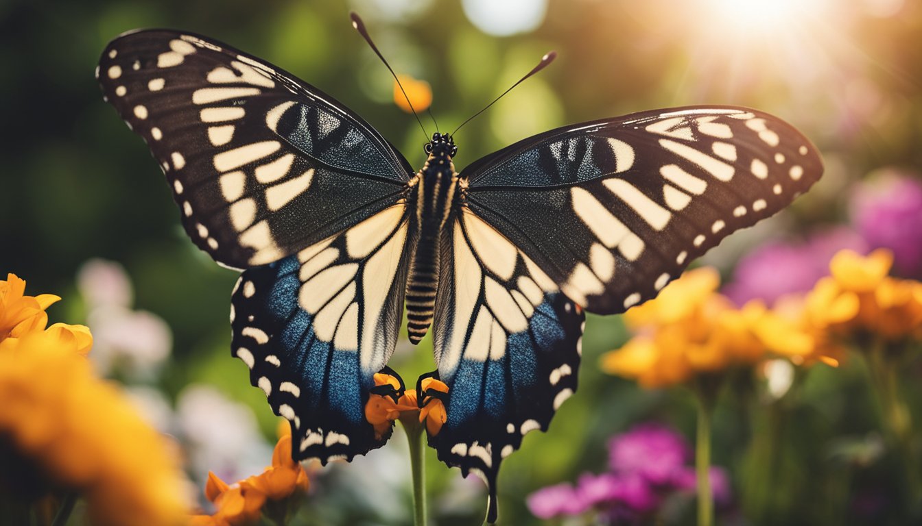 A butterfly emerging from a cocoon, surrounded by vibrant flowers and reaching towards the sky