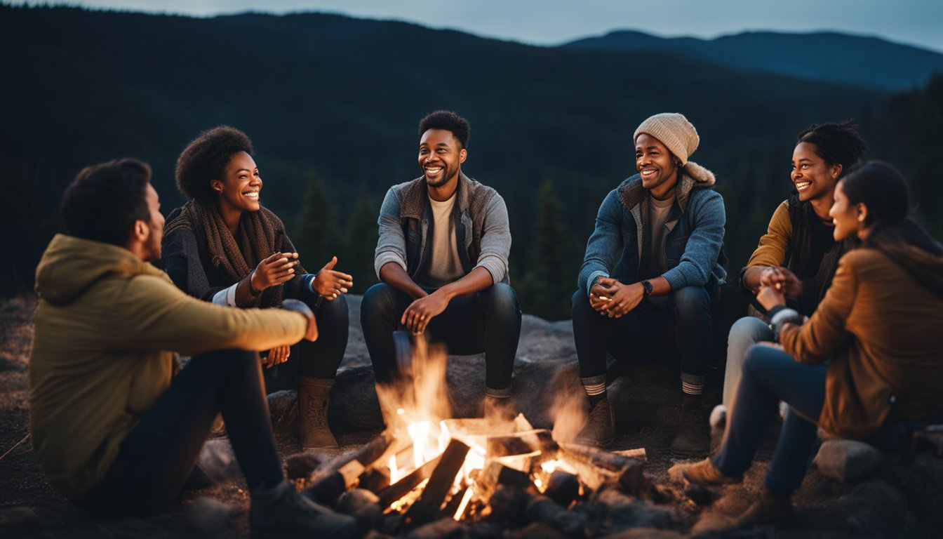 A group of diverse individuals sharing stories around a campfire under a starry sky