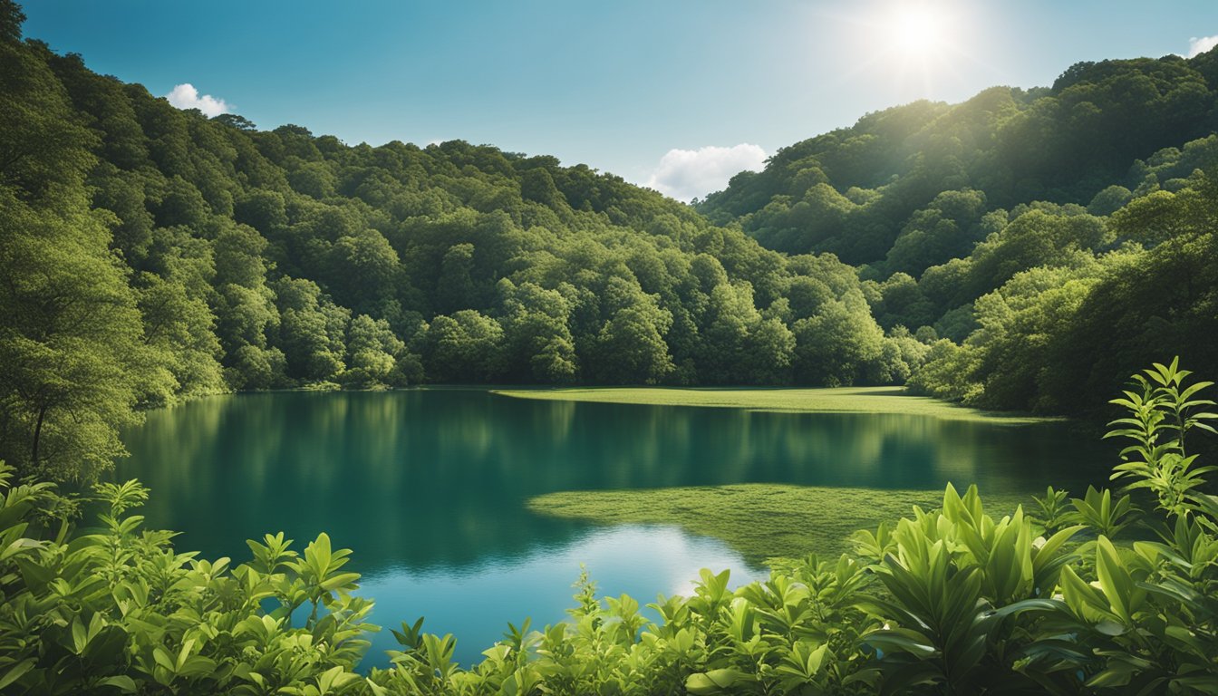 A serene natural setting with a calm, still body of water surrounded by lush greenery and a clear blue sky overhead